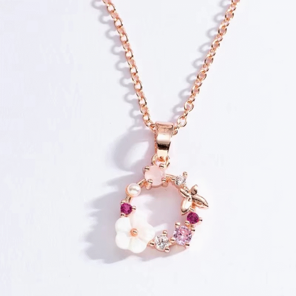 Butterfly & Flower Garland Necklace – Zircon Pearl Shell Pendant