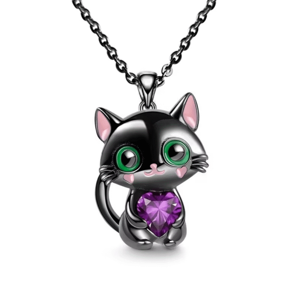Black Cat Heart Crystal Pendant Necklace – Cute Cartoon Jewelry Gift