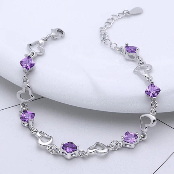925 Silver Heart Bracelet – Purple Crystal Gift for Women