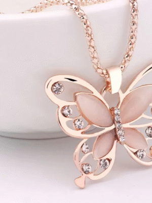 Rose Gold Butterfly Opal Pendant Necklace – Elegant Gift for Women